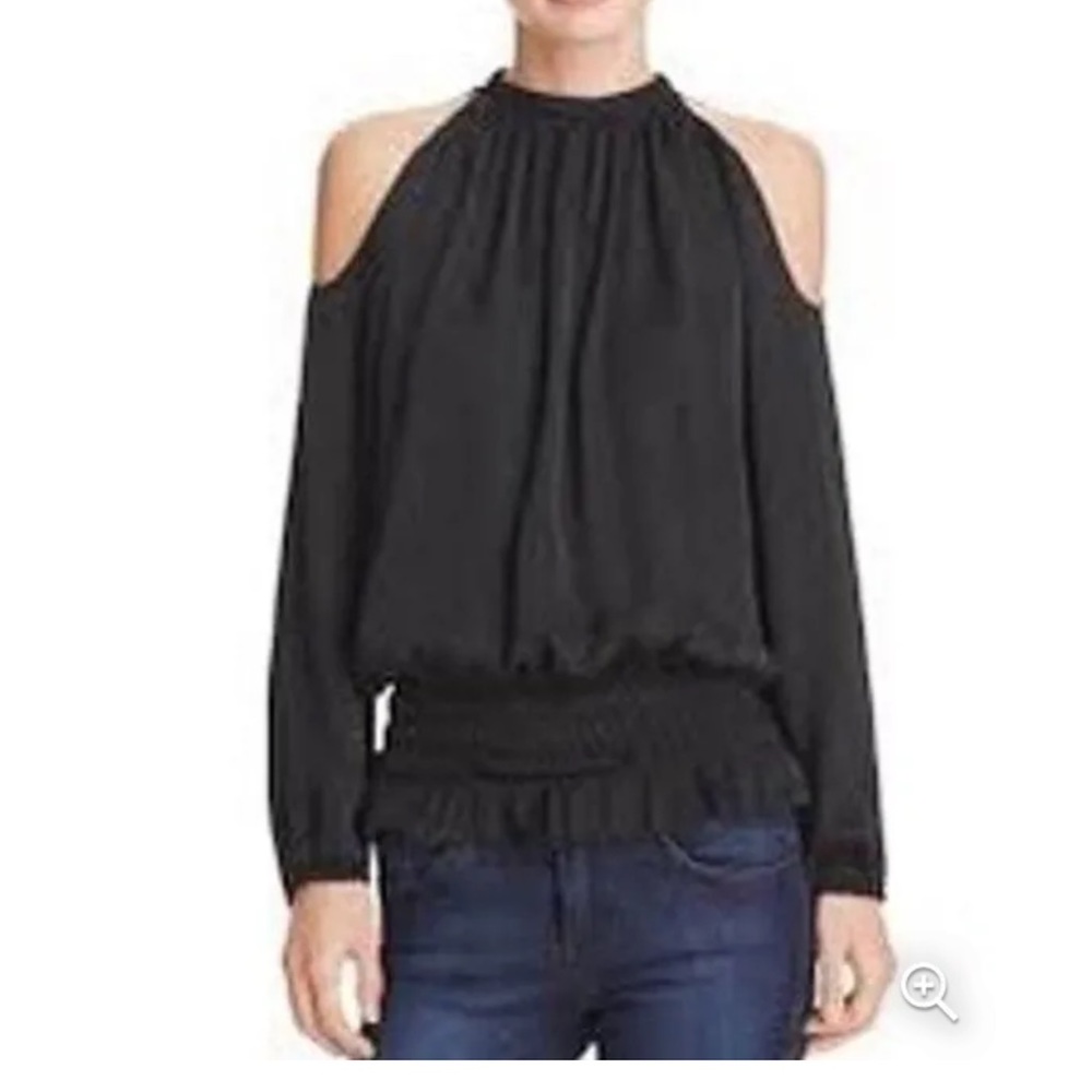 Aqua Black Blouson Cold Shoulder Long Sleeve Smocked High‎ Neck Blouse